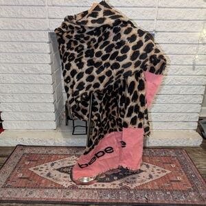 bebe Leopard Print Wrap Scarf with Pink Trim